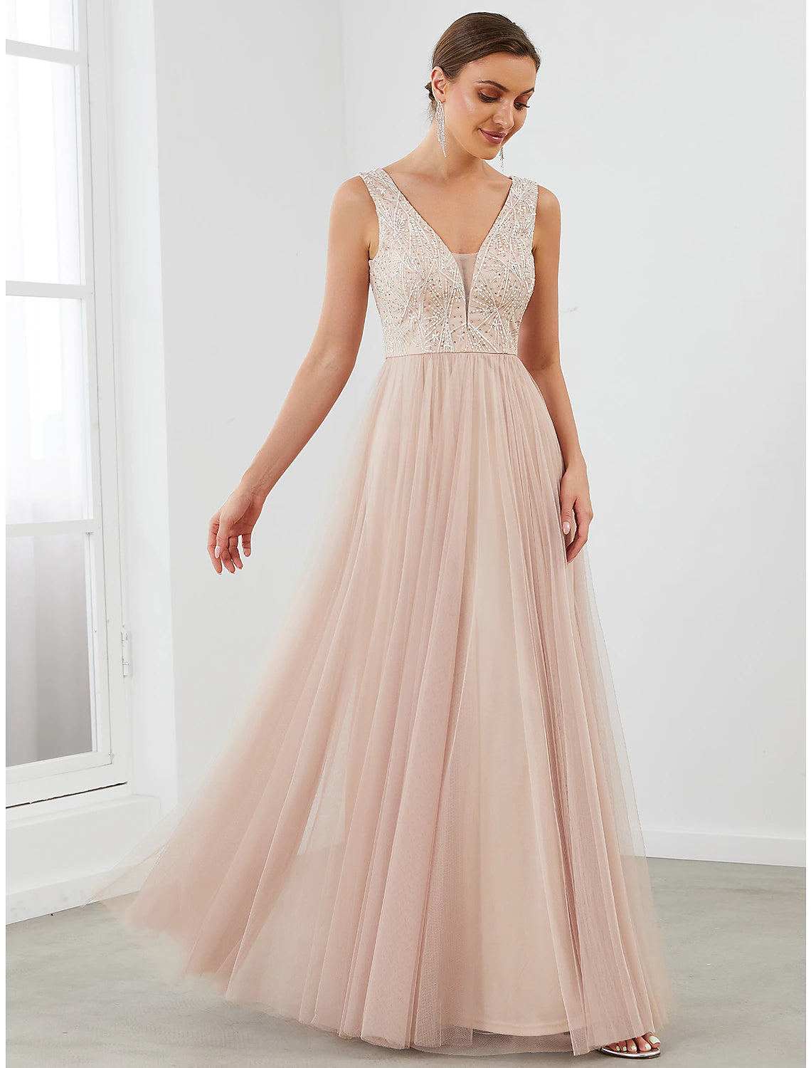A-Linien-Abendkleid, elegantes Kleid für Hochzeitsgäste, bodenlang, ärmellos, V-Ausschnitt, Tüll, V-Rücken mit Pailletten-Drapierung